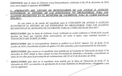 Listado de personas beneficiadas por las ayudas al estudio de enseñanzas no obligatorias 2016
